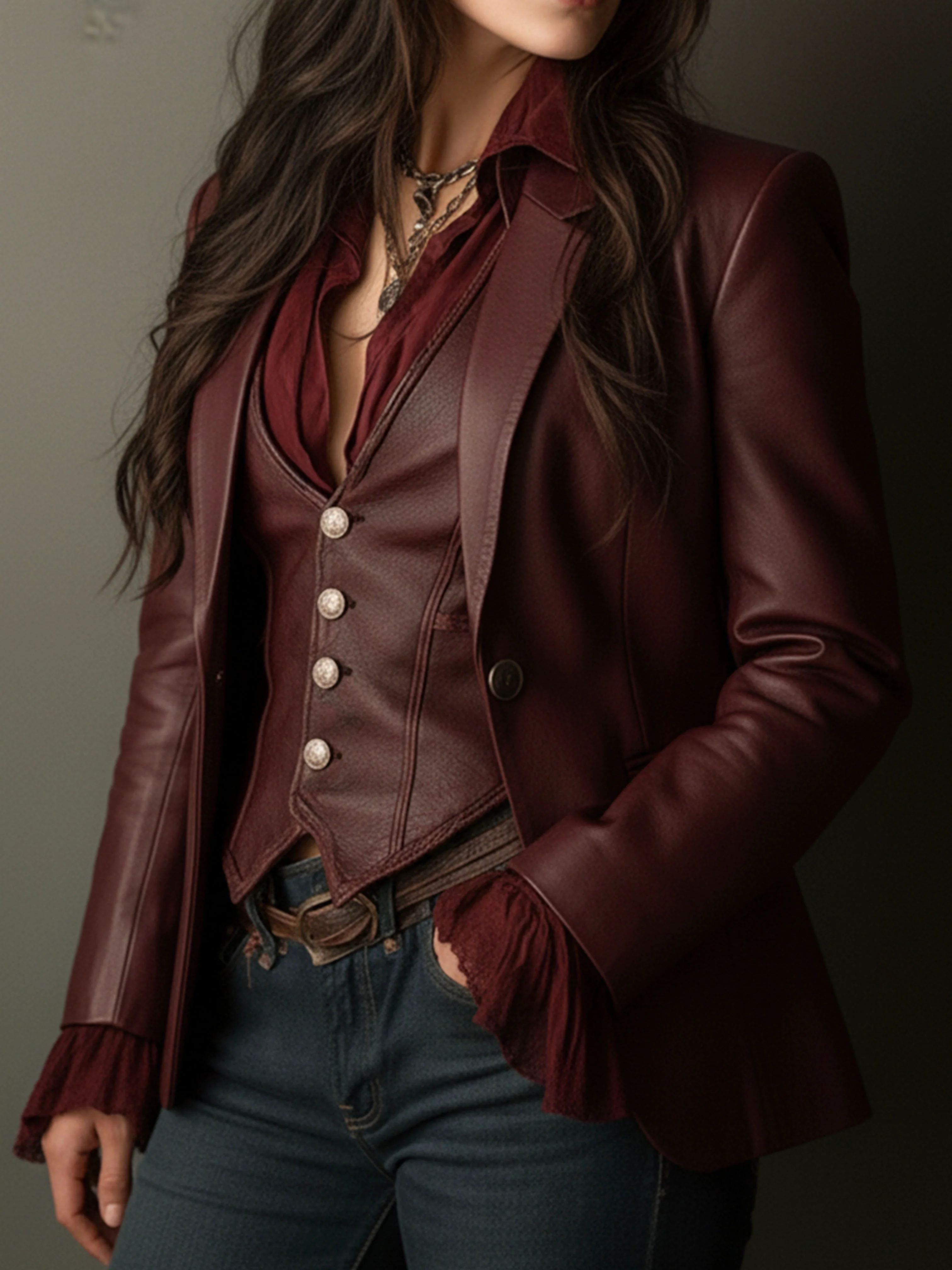 Vintage Burgundy Eco Leather Blazer - Image 3