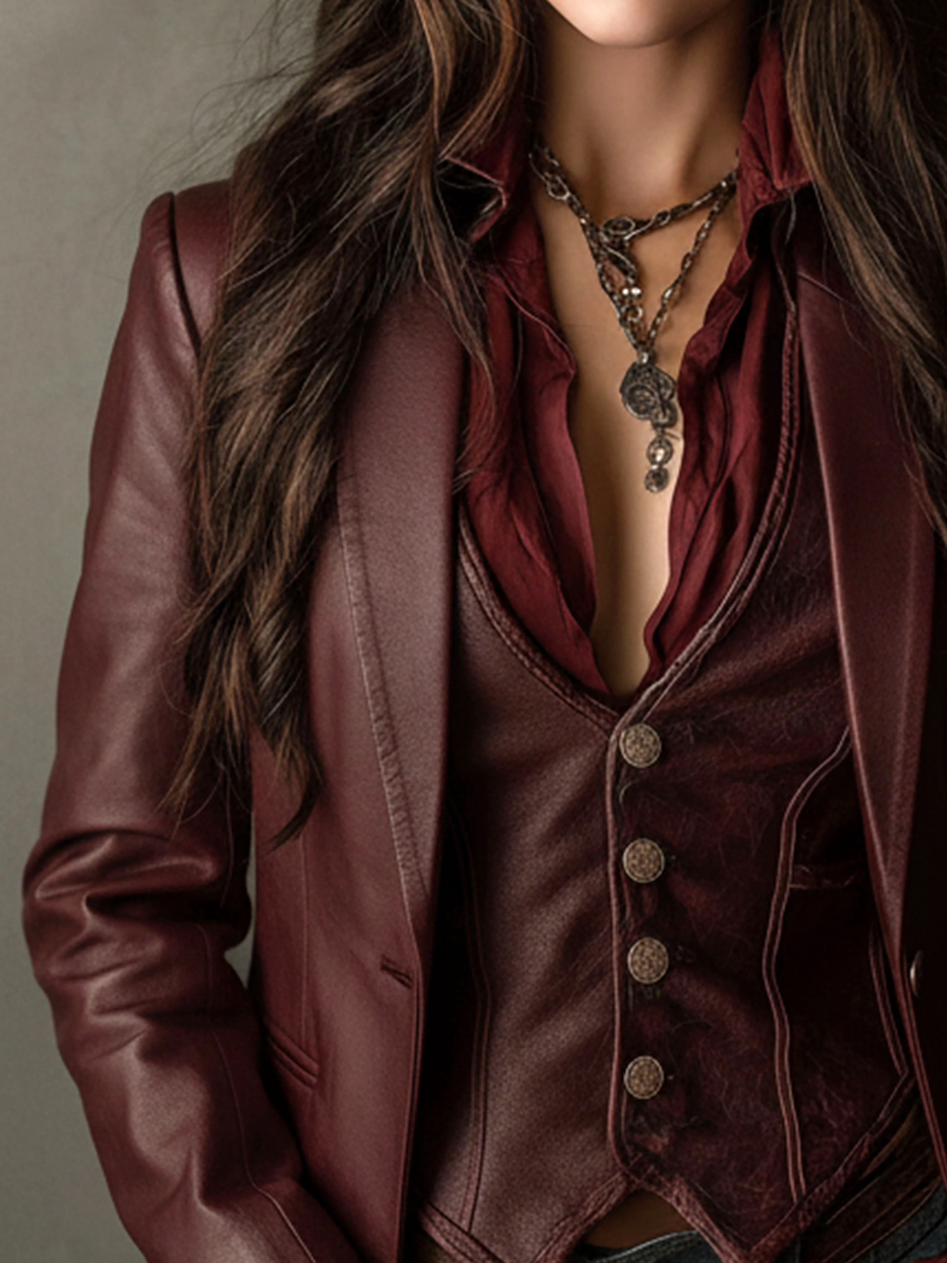 Vintage Burgundy Eco Leather Blazer - Image 7