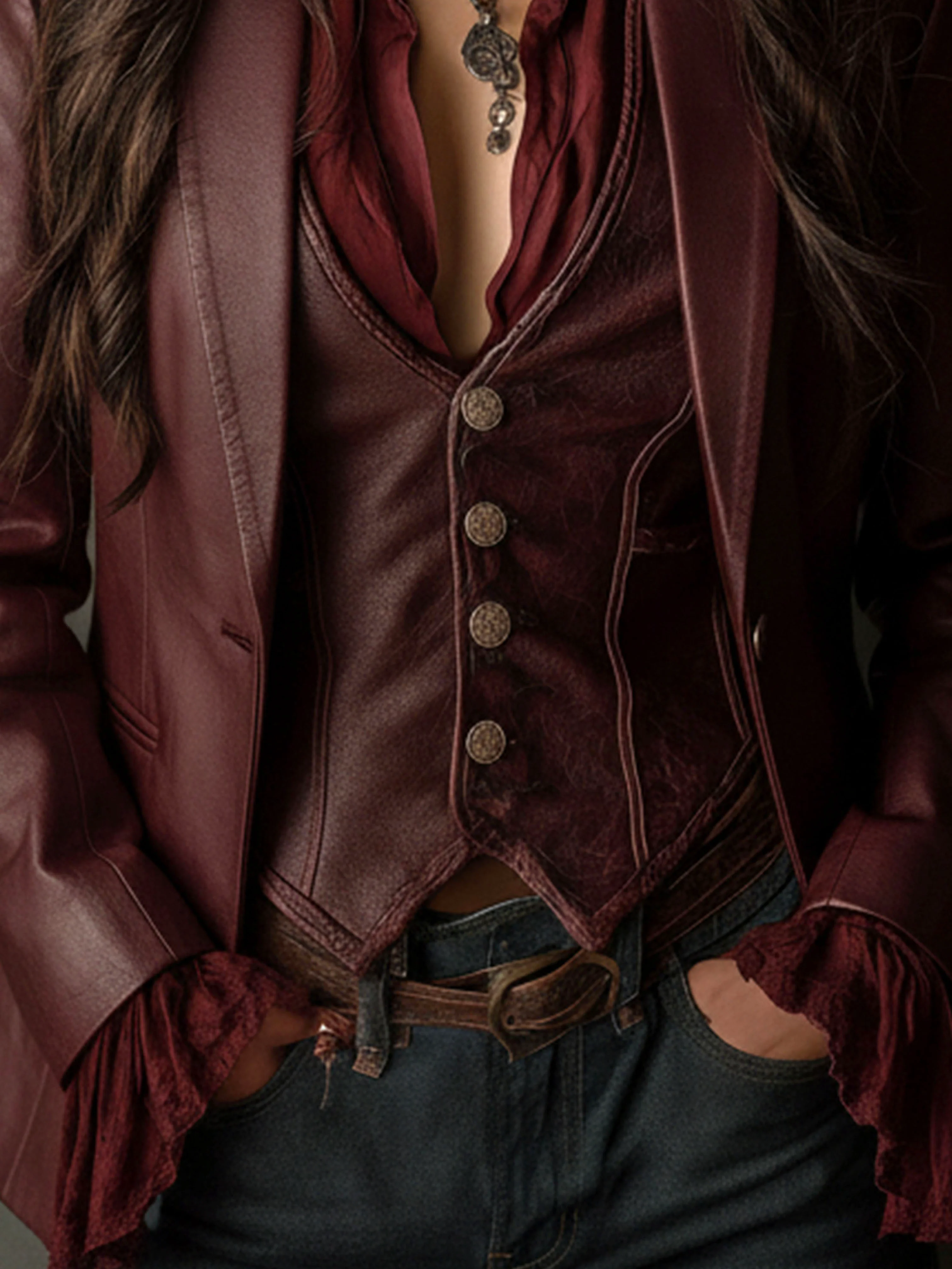 Vintage Burgundy Eco Leather Blazer - Image 8