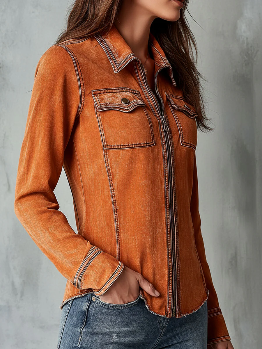 Vintage Burnt Orange Utility Zip Denim Jacket - Image 3
