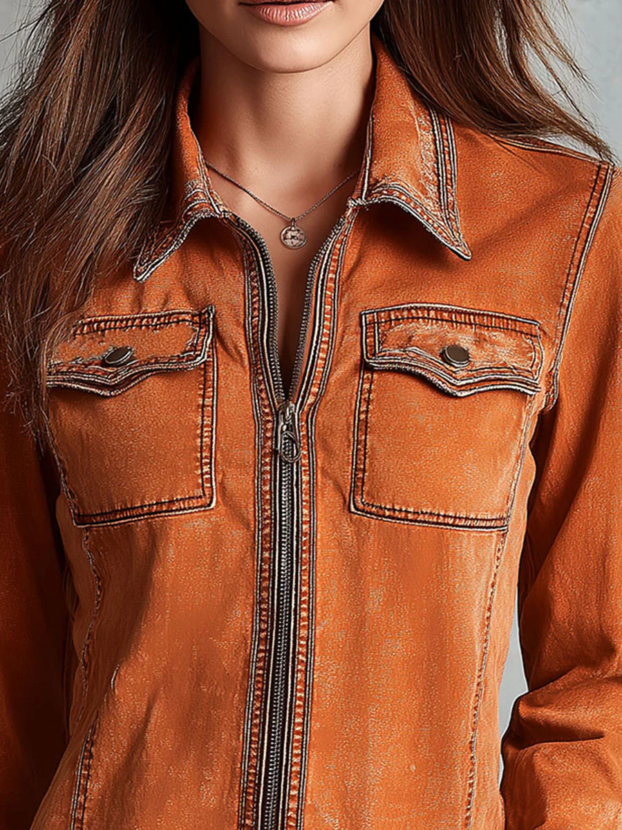 Vintage Burnt Orange Utility Zip Denim Jacket - Image 5
