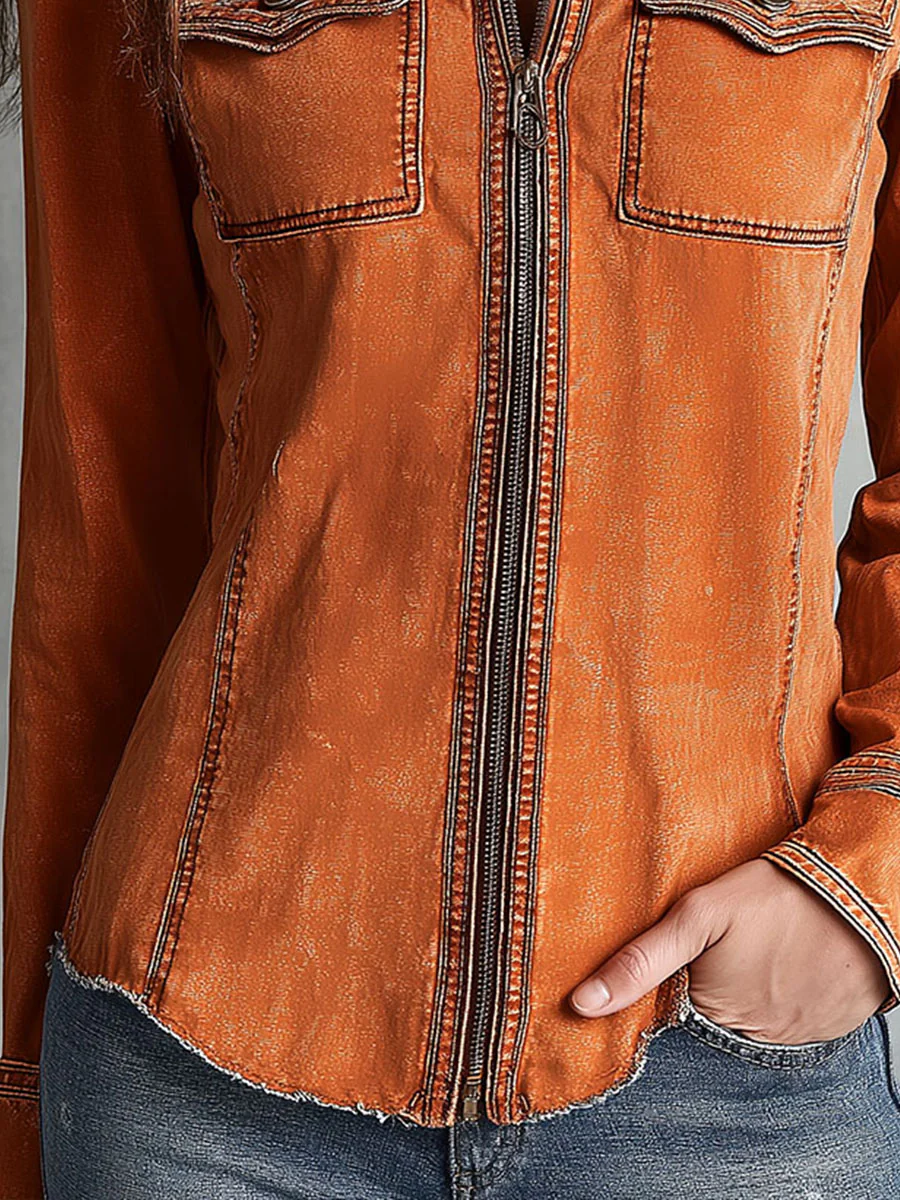Vintage Burnt Orange Utility Zip Denim Jacket - Image 6