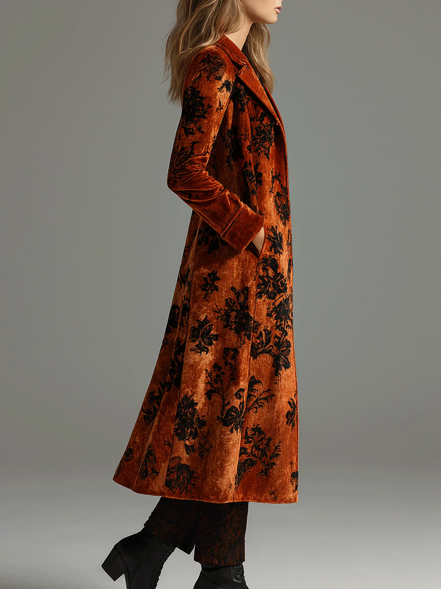 Vintage Burnt Orange Velvet Floral Maxi Coat - Image 3