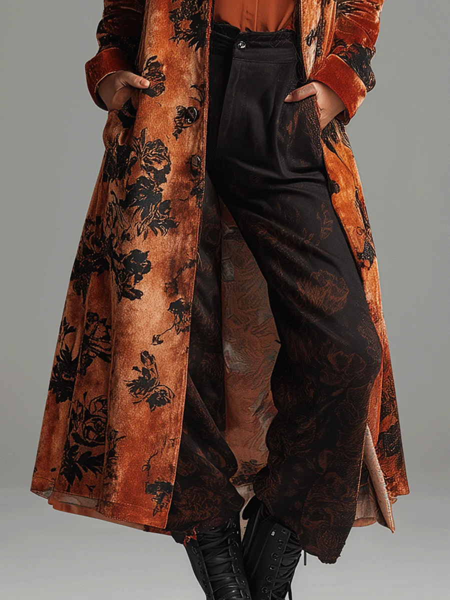 Vintage Burnt Orange Velvet Floral Maxi Coat - Image 4