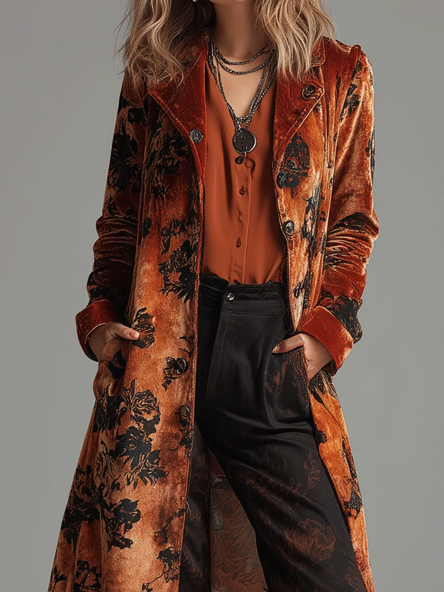 Vintage Burnt Orange Velvet Floral Maxi Coat - Image 5