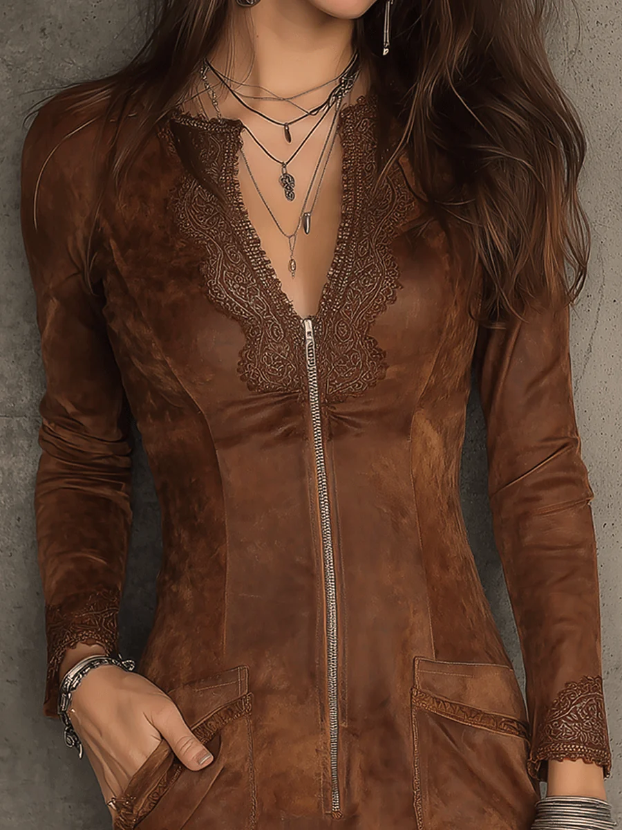 Vintage Caramel Brown Lace Trim And Zip Front Suede Mini Dress - Image 3