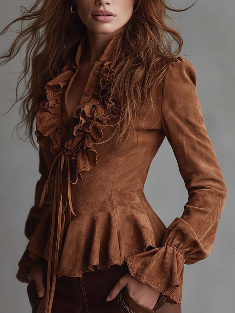 Vintage Caramel Eco-Suede Ruffle Blouse With Lace Trim - Image 2