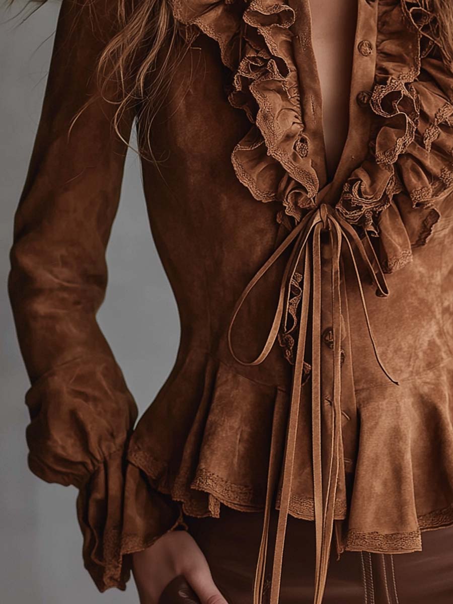 Vintage Caramel Eco-Suede Ruffle Blouse With Lace Trim - Image 4