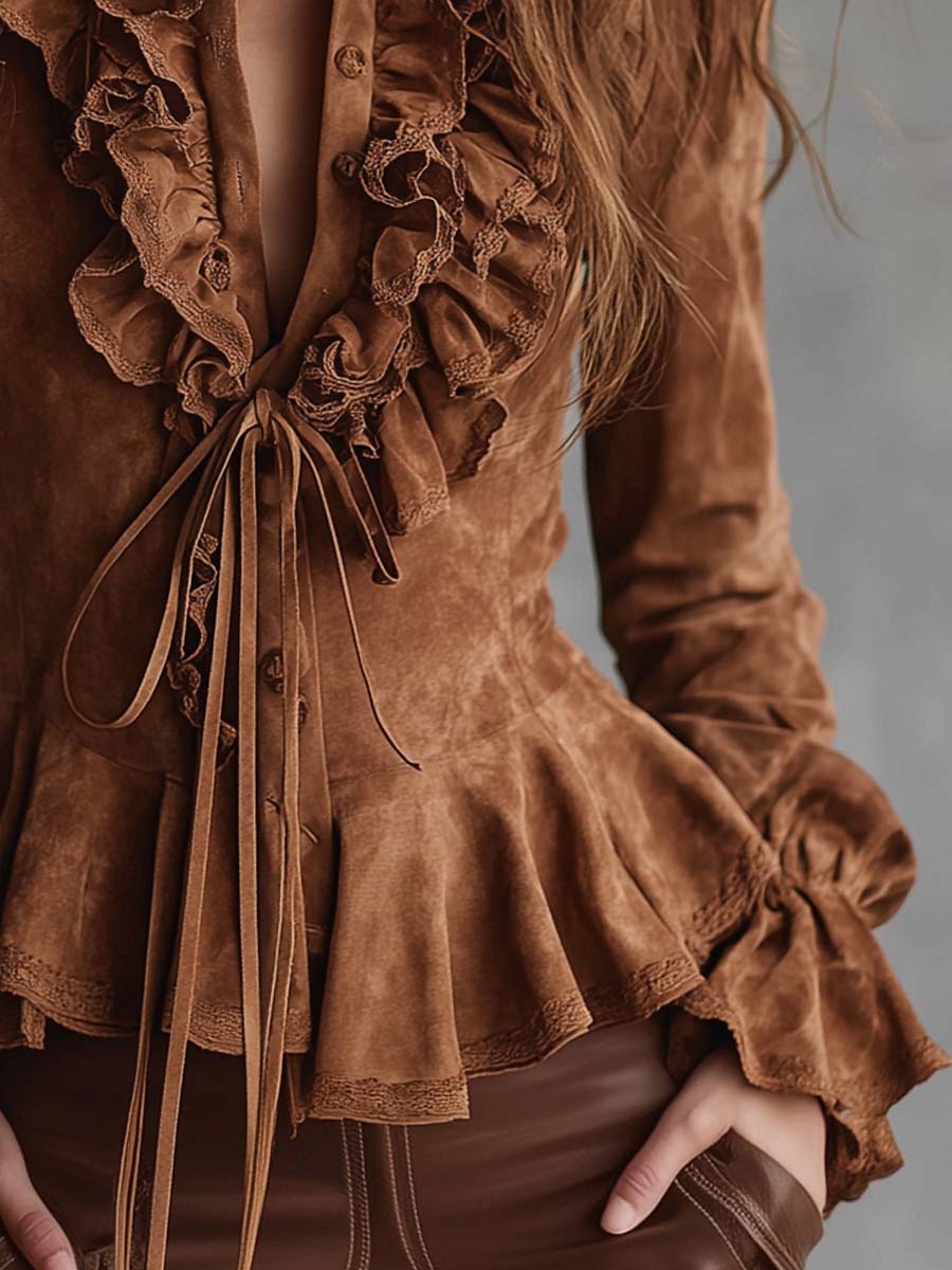 Vintage Caramel Eco-Suede Ruffle Blouse With Lace Trim - Image 5