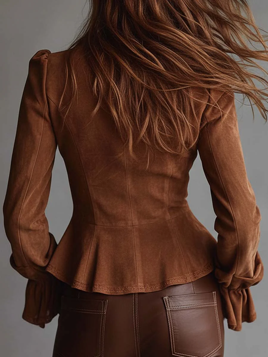 Vintage Caramel Eco-Suede Ruffle Blouse With Lace Trim - Image 6