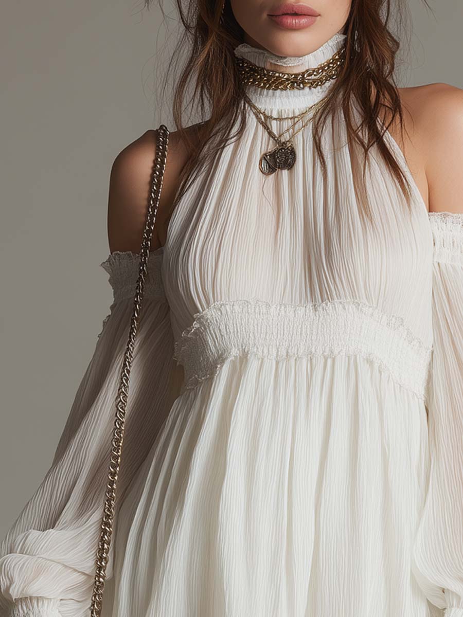 Vintage Cold-Shoulder Chiffon Mini Dress With Lace Trim - Image 2