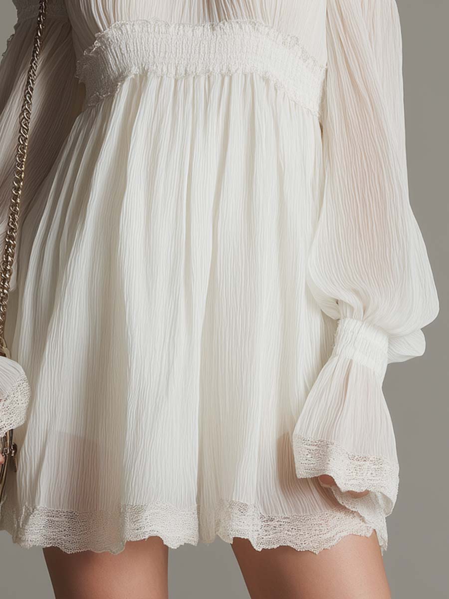 Vintage Cold-Shoulder Chiffon Mini Dress With Lace Trim - Image 3