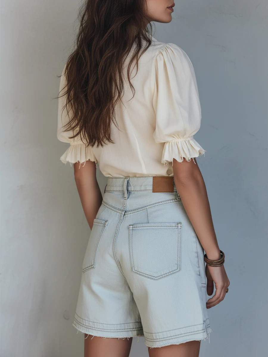 Vintage Cotton-Linen Blouse With Lace Insets And Puff Sleeves - Image 4