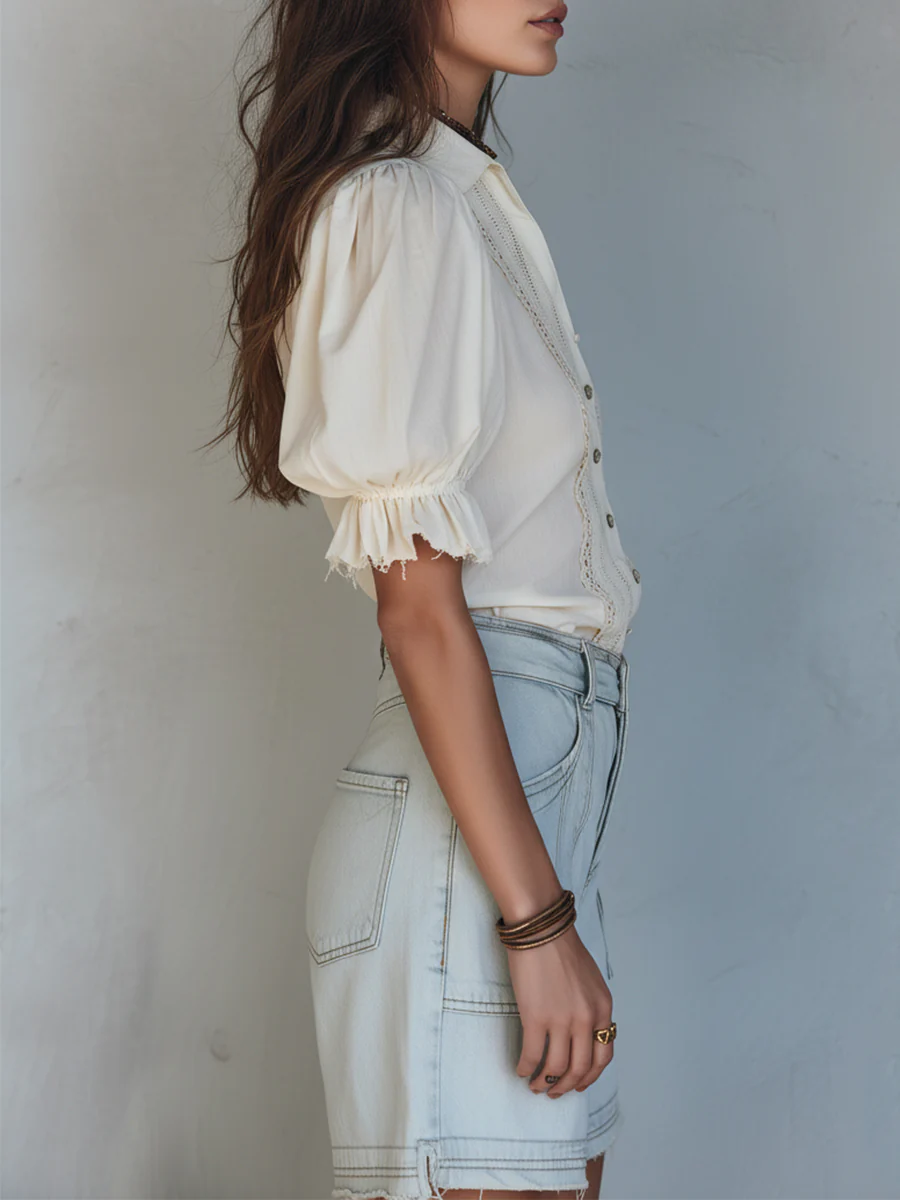 Vintage Cotton-Linen Blouse With Lace Insets And Puff Sleeves - Image 5
