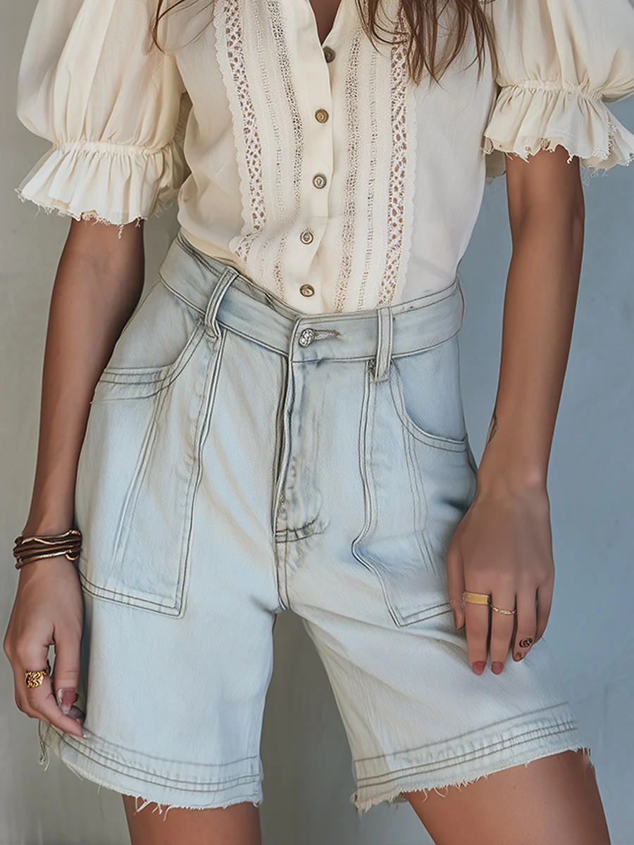 Vintage Cotton-Linen Blouse With Lace Insets And Puff Sleeves - Image 7