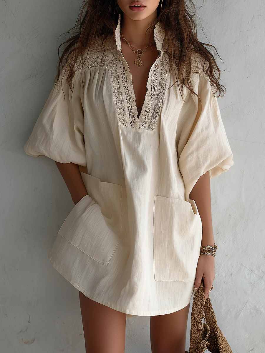 Vintage Cotton-Linen Mini Dress With Guipure Lace Inserts