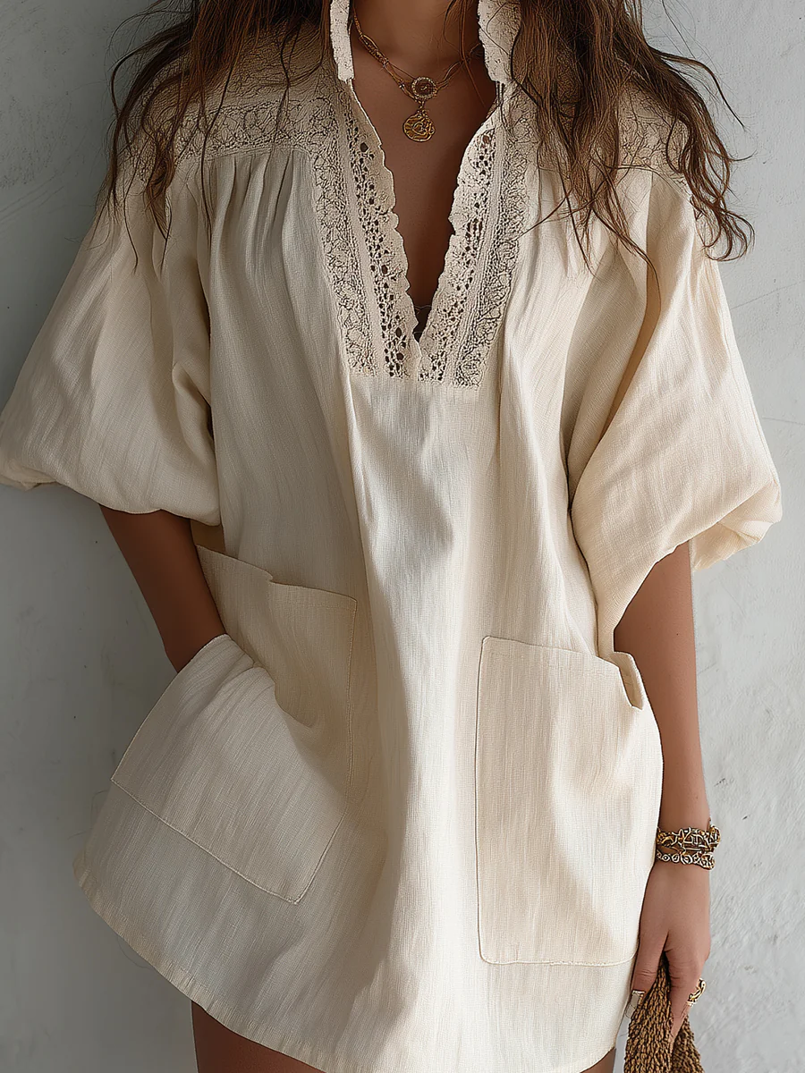 Vintage Cotton-Linen Mini Dress With Guipure Lace Inserts - Image 2
