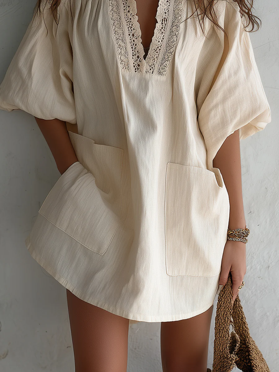 Vintage Cotton-Linen Mini Dress With Guipure Lace Inserts - Image 3
