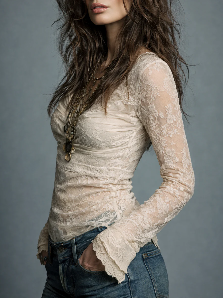 Vintage Cowl Neck Lace Long Sleeve Blouse - Image 2