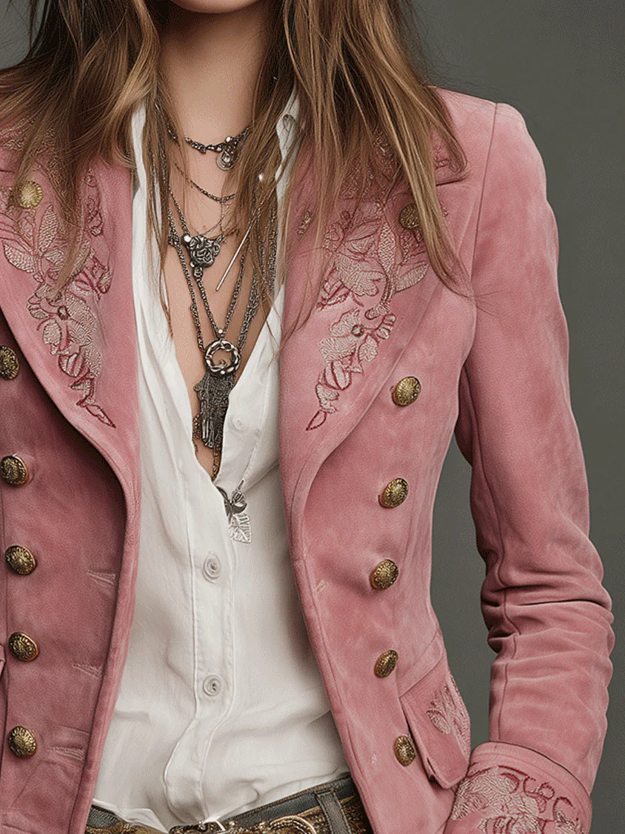 Vintage Double-Breasted Suede Embroidery Jacket - Image 3