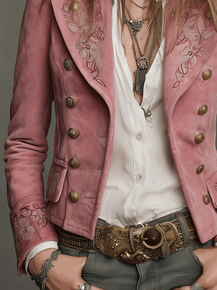 Vintage Double-Breasted Suede Embroidery Jacket - Image 4