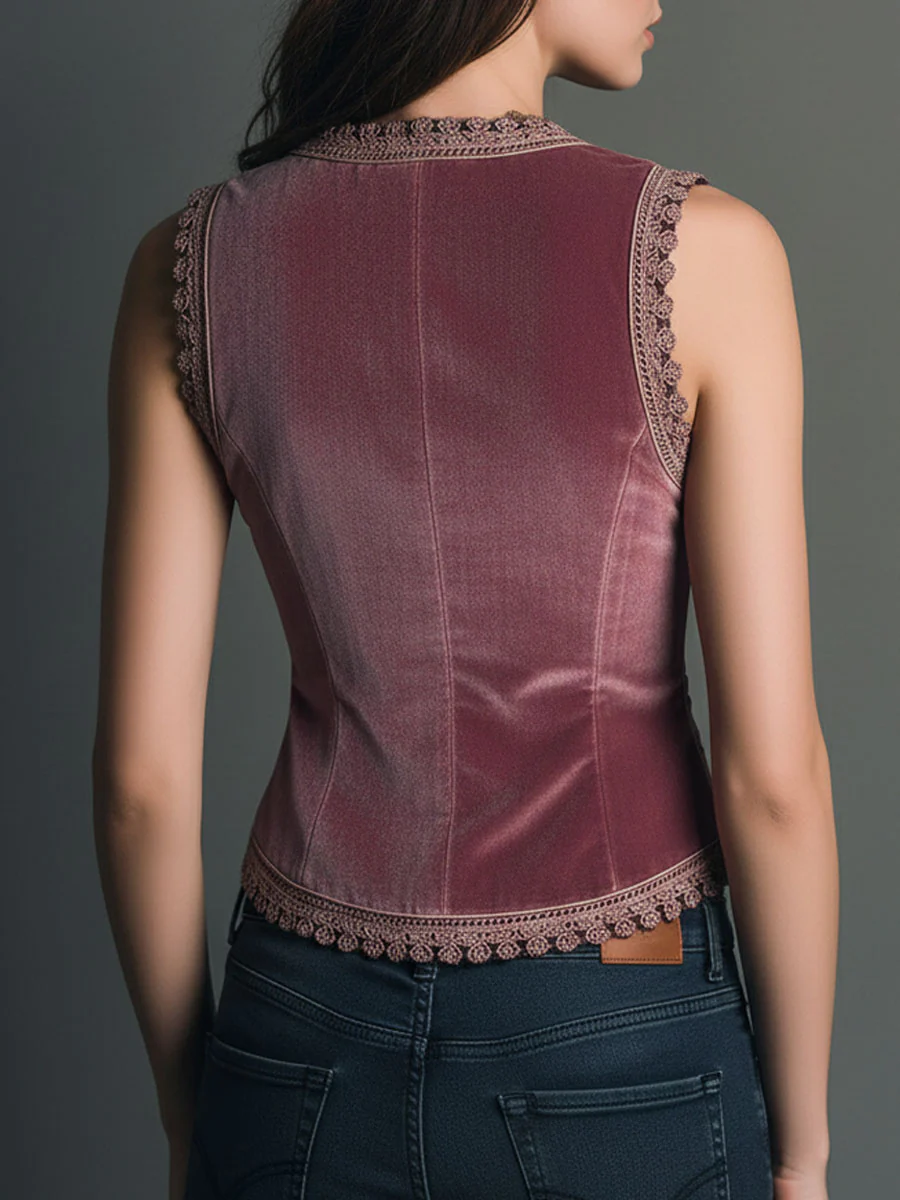 Vintage Dusty Rose Velvet Embroidered Vest With Lace Trim - Image 5