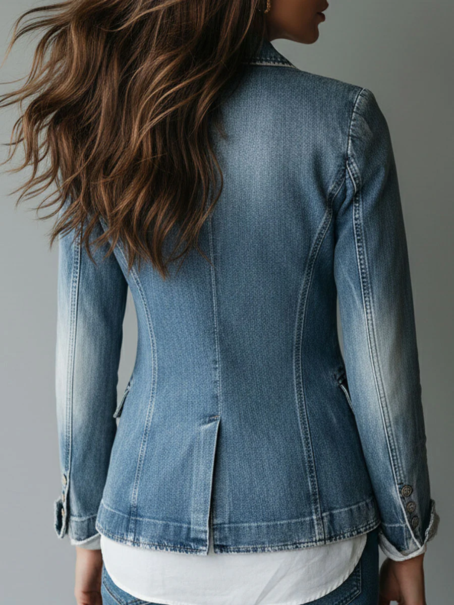 Vintage Effortless Tailoring Washed Denim Blazer - Image 5