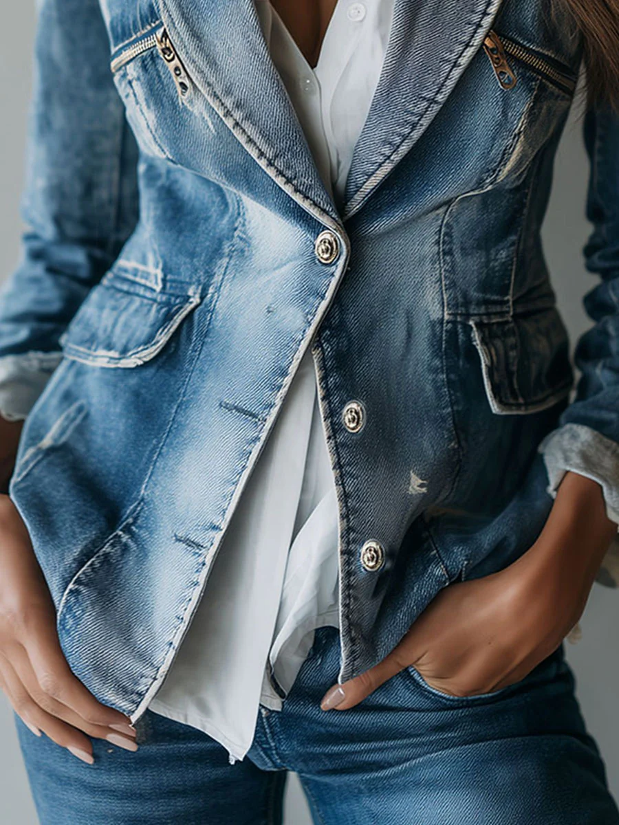 Vintage Effortless Tailoring Washed Denim Blazer - Image 7