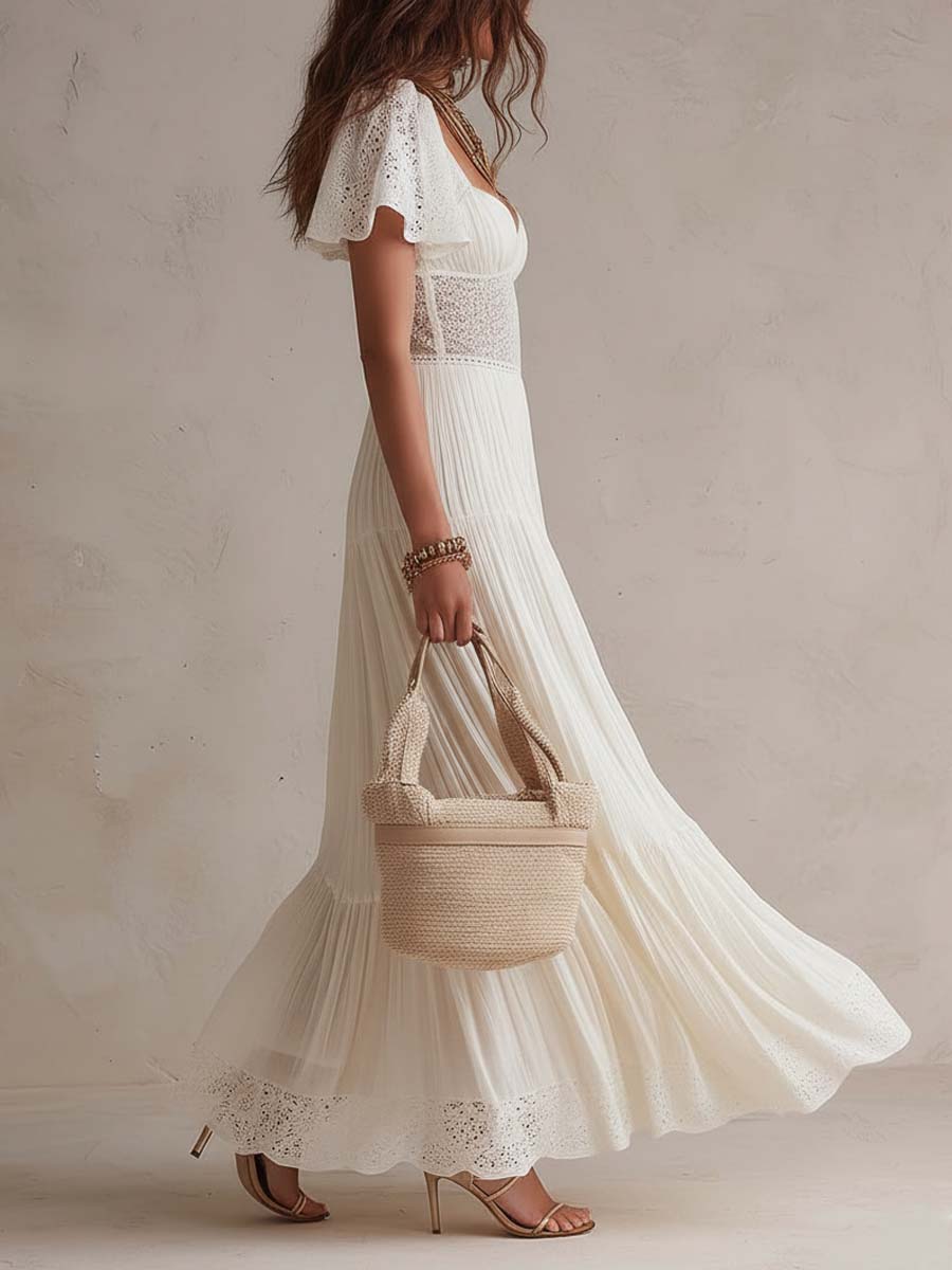 Vintage Elegant Cotton Lace Panel Boho Maxi Dress - Image 2
