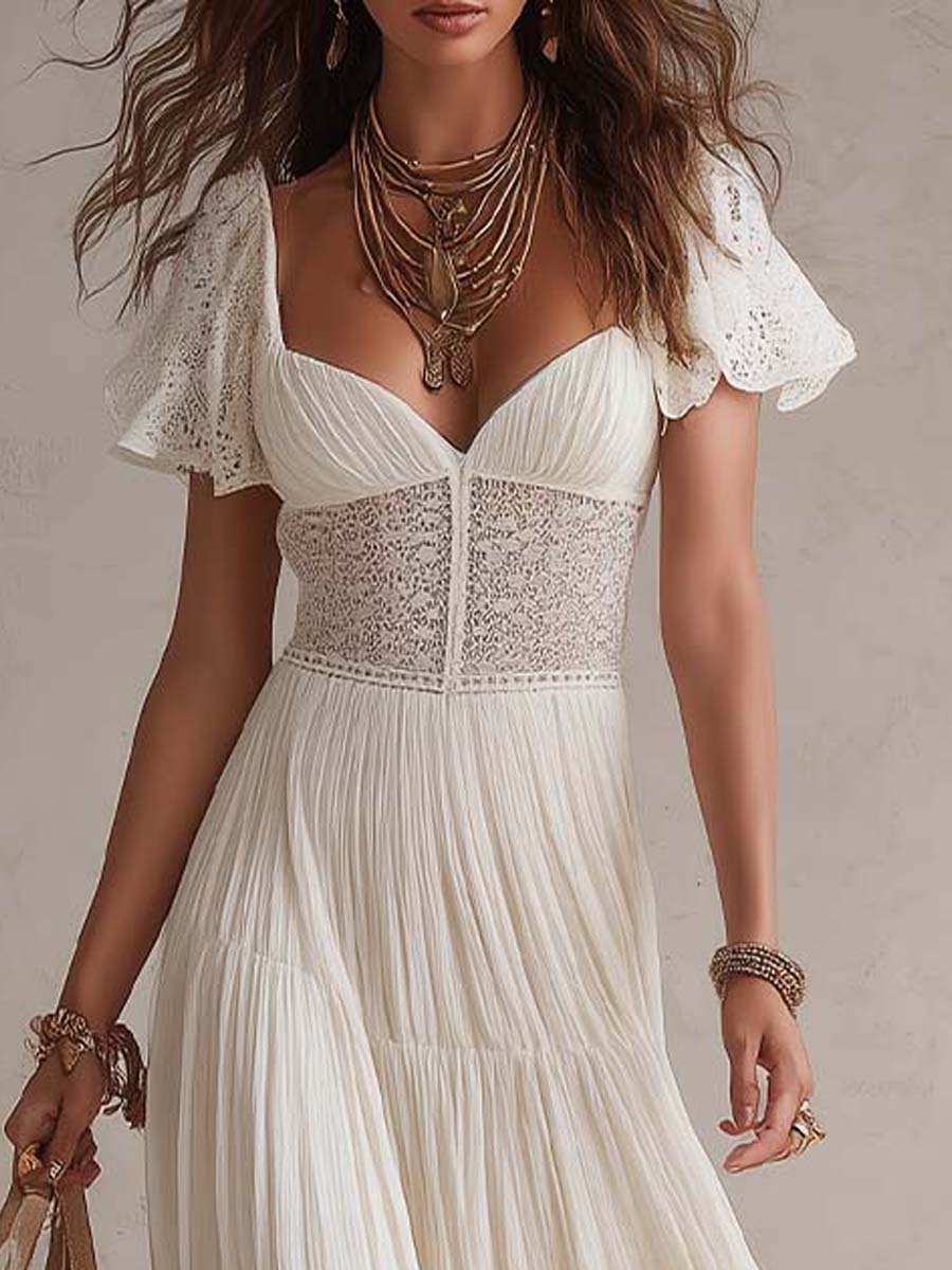 Vintage Elegant Cotton Lace Panel Boho Maxi Dress - Image 4
