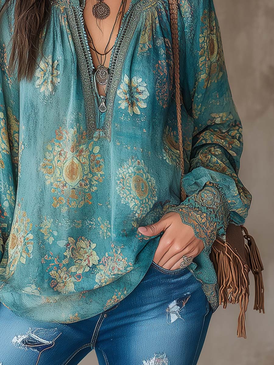 Vintage Ethnic Style Trim Floral Lace Blouse - Image 7