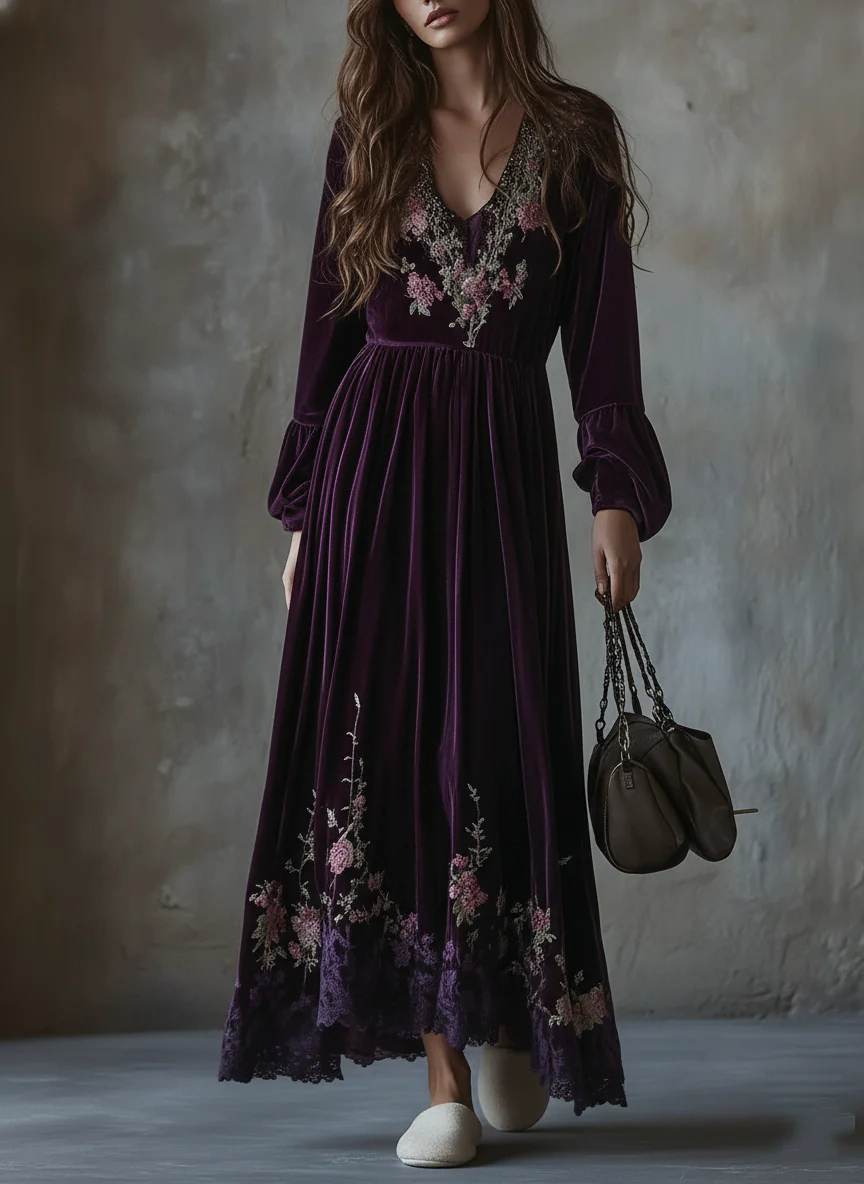 Vintage Floral Embroidered Velvet Maxi Dress - Image 3
