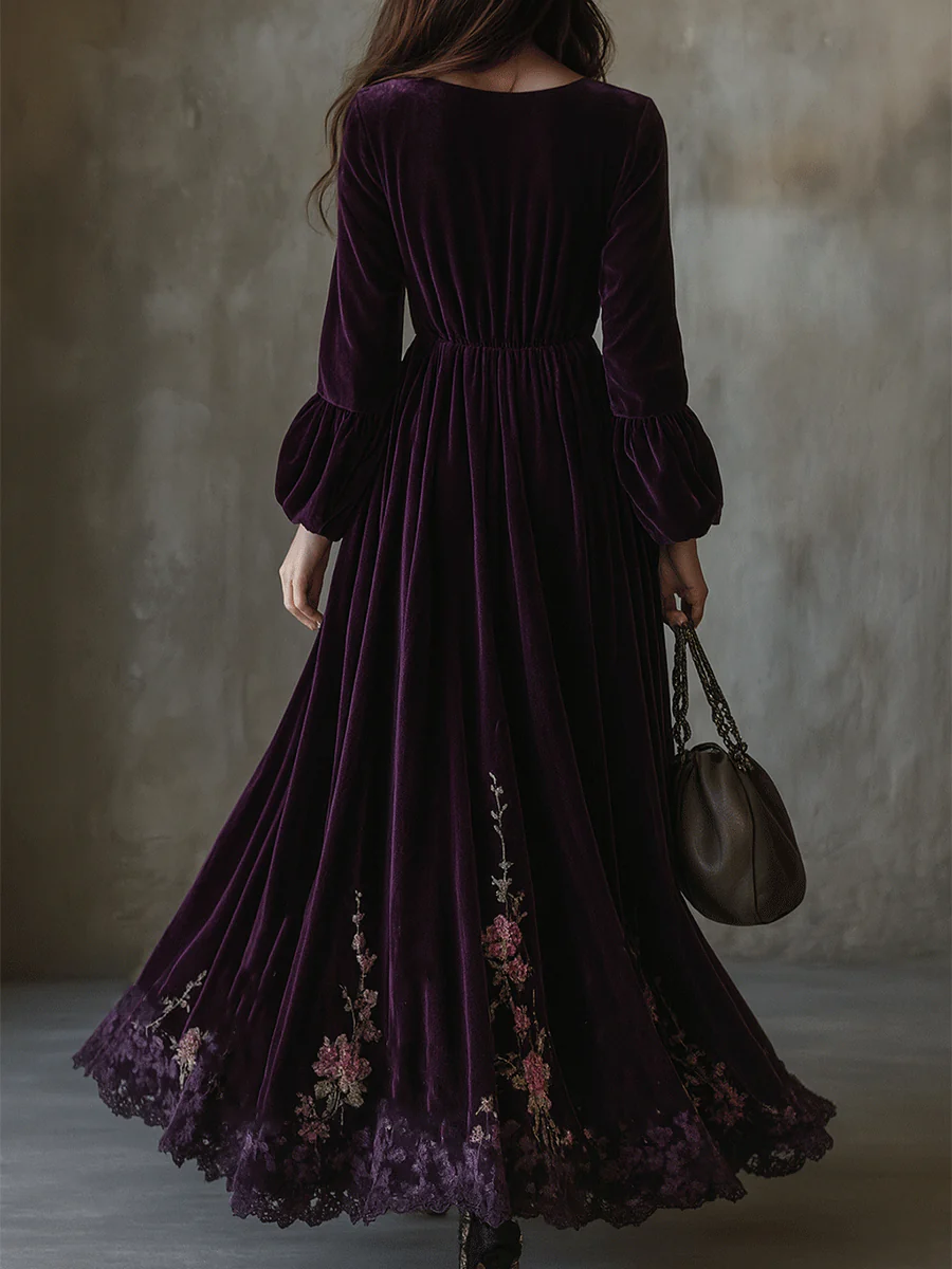 Vintage Floral Embroidered Velvet Maxi Dress - Image 4