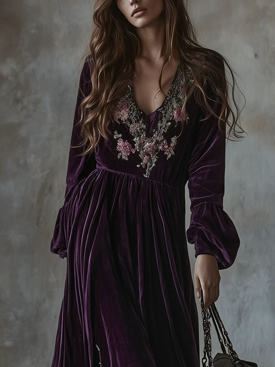 Vintage Floral Embroidered Velvet Maxi Dress - Image 5