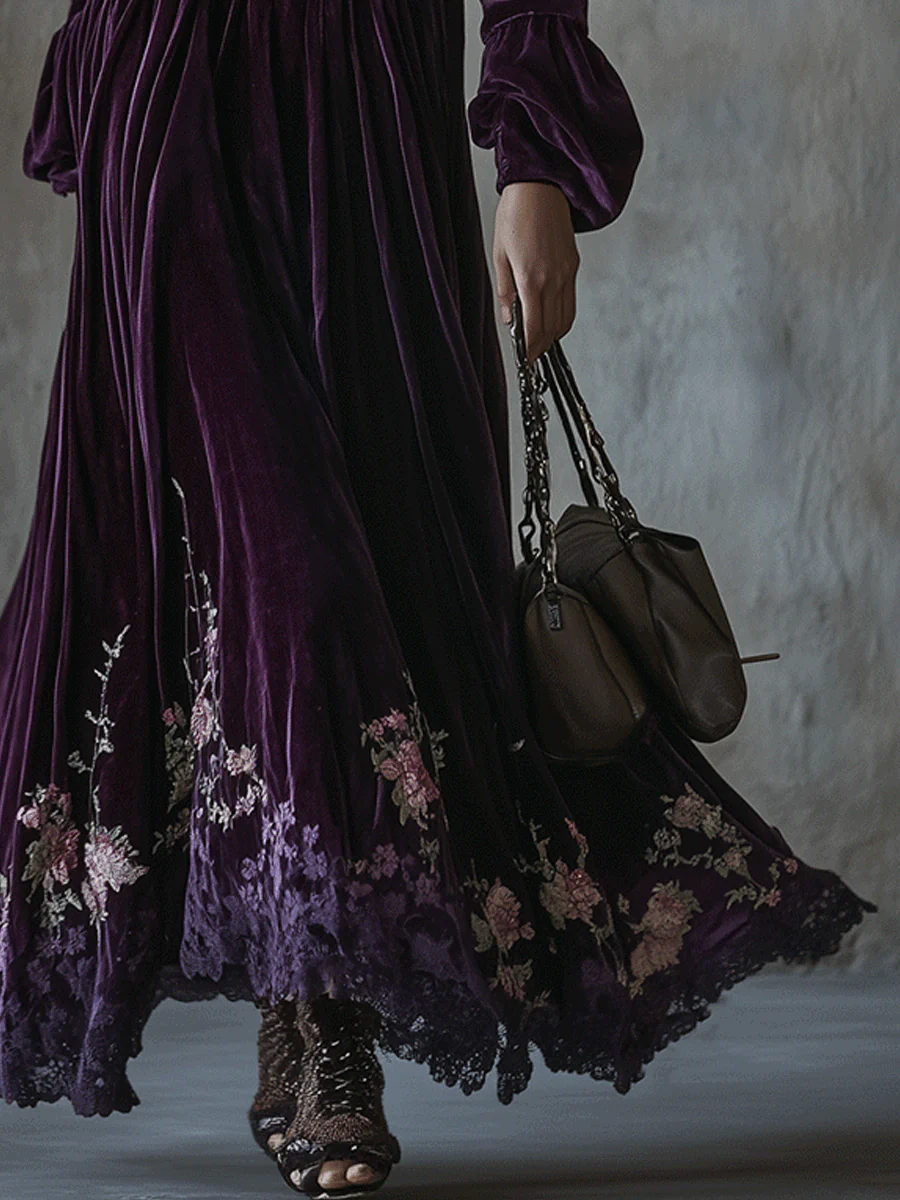 Vintage Floral Embroidered Velvet Maxi Dress - Image 6