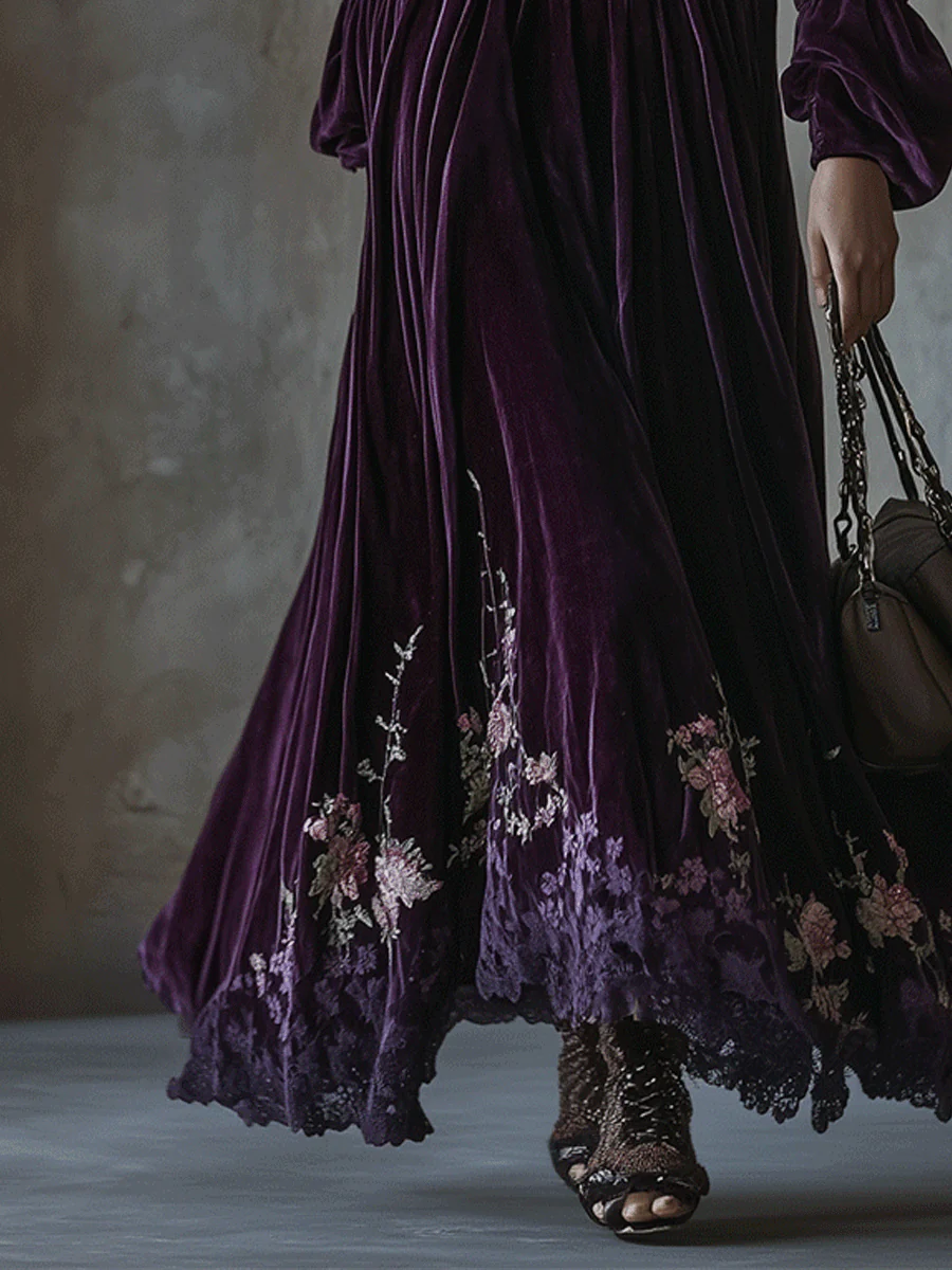 Vintage Floral Embroidered Velvet Maxi Dress - Image 7
