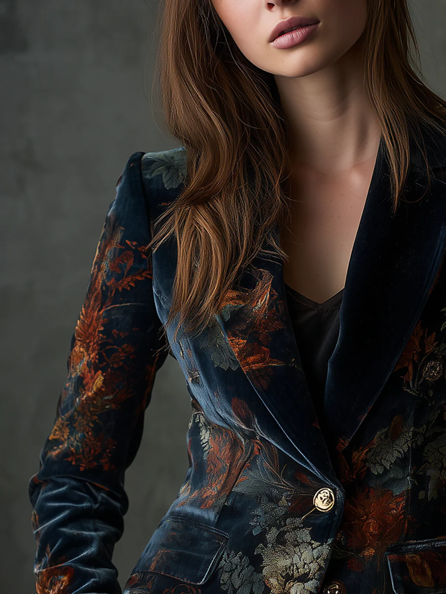 Vintage Floral Print Metal Button Polyester Velvet Blazer - Image 2