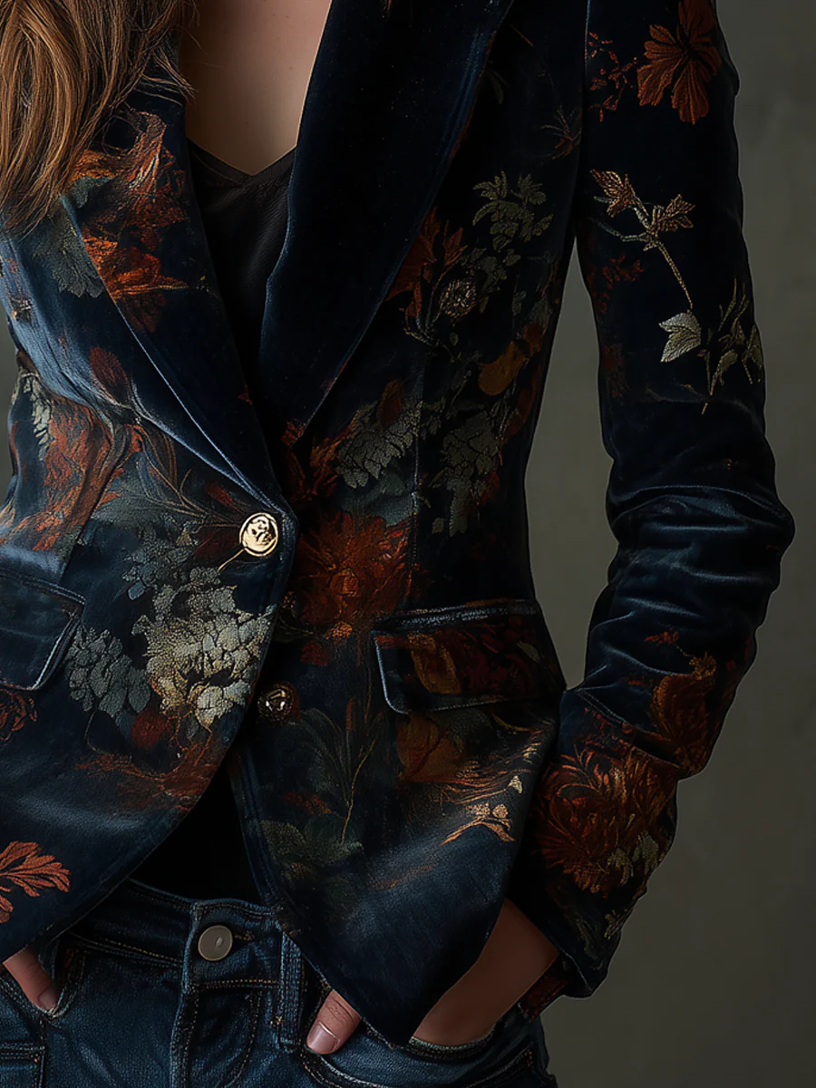 Vintage Floral Print Metal Button Polyester Velvet Blazer - Image 3