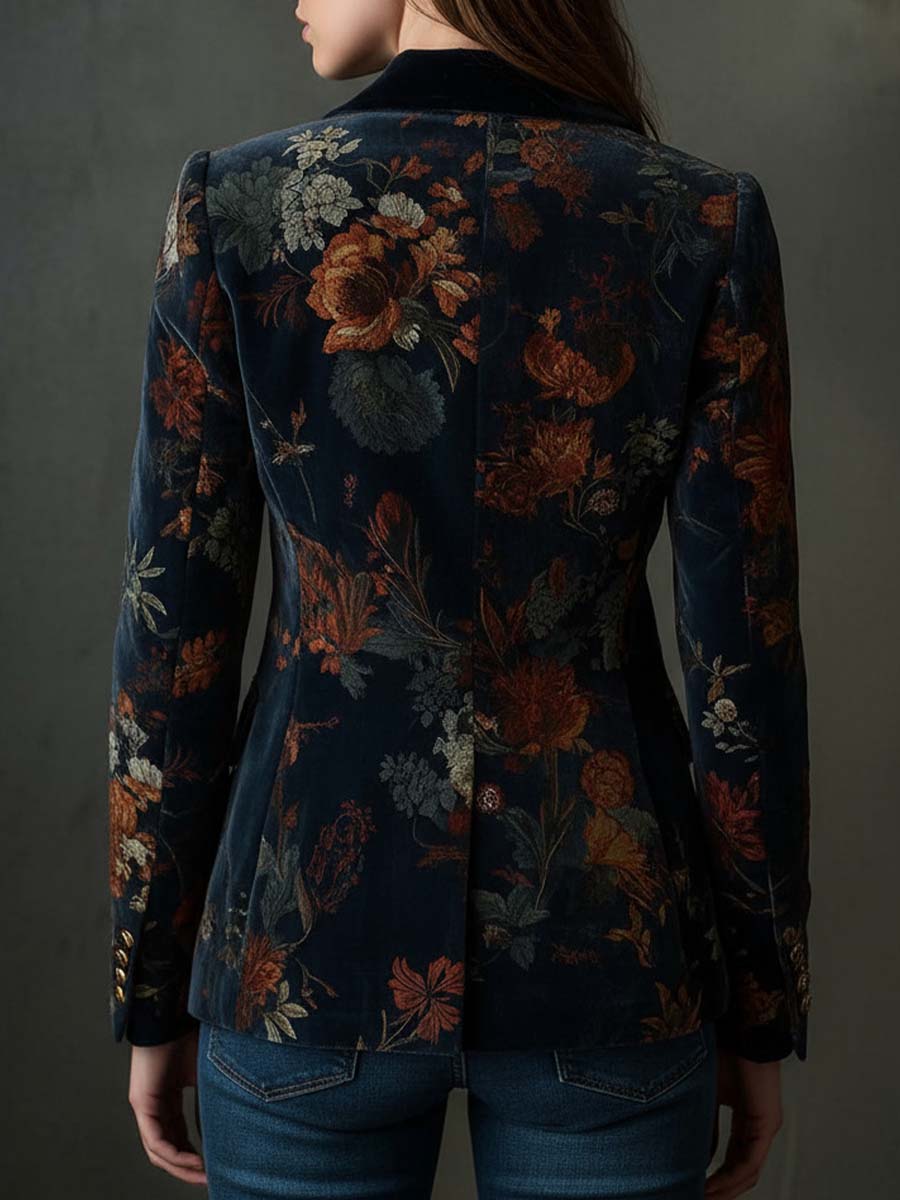 Vintage Floral Print Metal Button Polyester Velvet Blazer - Image 4