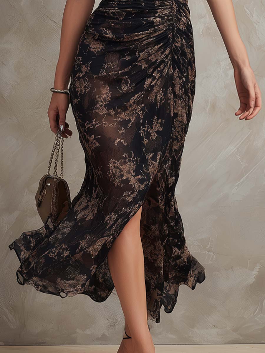 Vintage Floral Short-Sleeve Midi Dress With Ruched Waist - Image 3