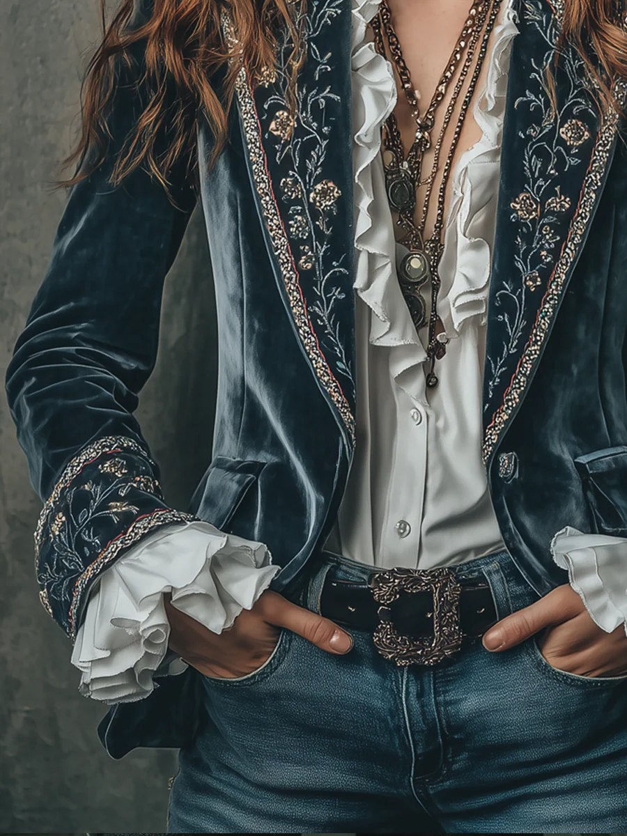 Vintage Flower Embroidered Cuffs Polyester Velvet Blazer - Image 5