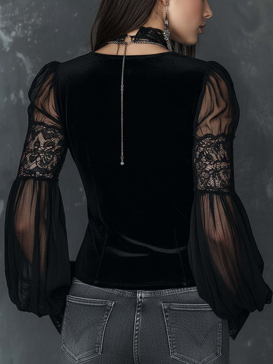 Vintage Henley Collar Sheer Sleeves Lace Trim Polyester Velvet Blouse - Image 2