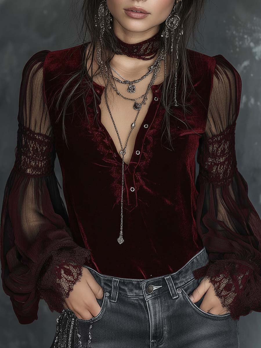 Vintage Henley Collar Sheer Sleeves Lace Trim Polyester Velvet Blouse - Image 3