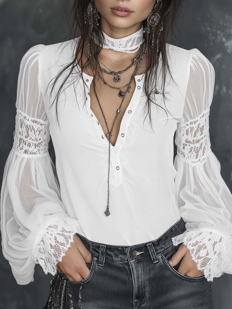 Vintage Henley Collar Sheer Sleeves Lace Trim Polyester Velvet Blouse - Image 4