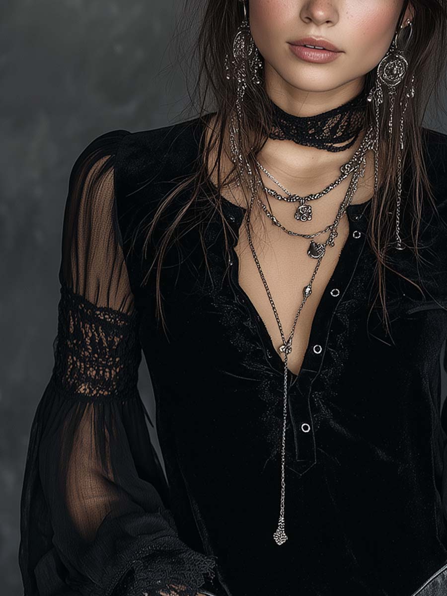 Vintage Henley Collar Sheer Sleeves Lace Trim Polyester Velvet Blouse - Image 6