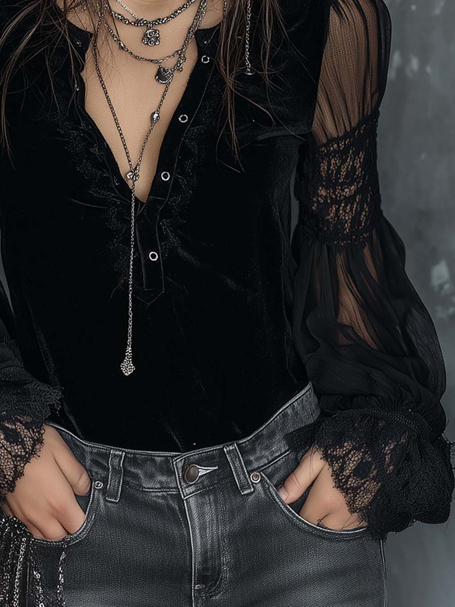 Vintage Henley Collar Sheer Sleeves Lace Trim Polyester Velvet Blouse - Image 7