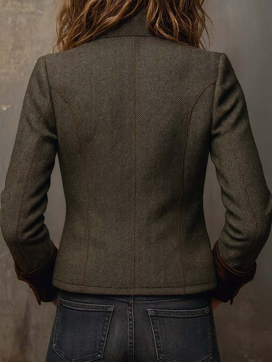 Vintage Herringbone Tweed Blazer With Velvet Trim - Image 3
