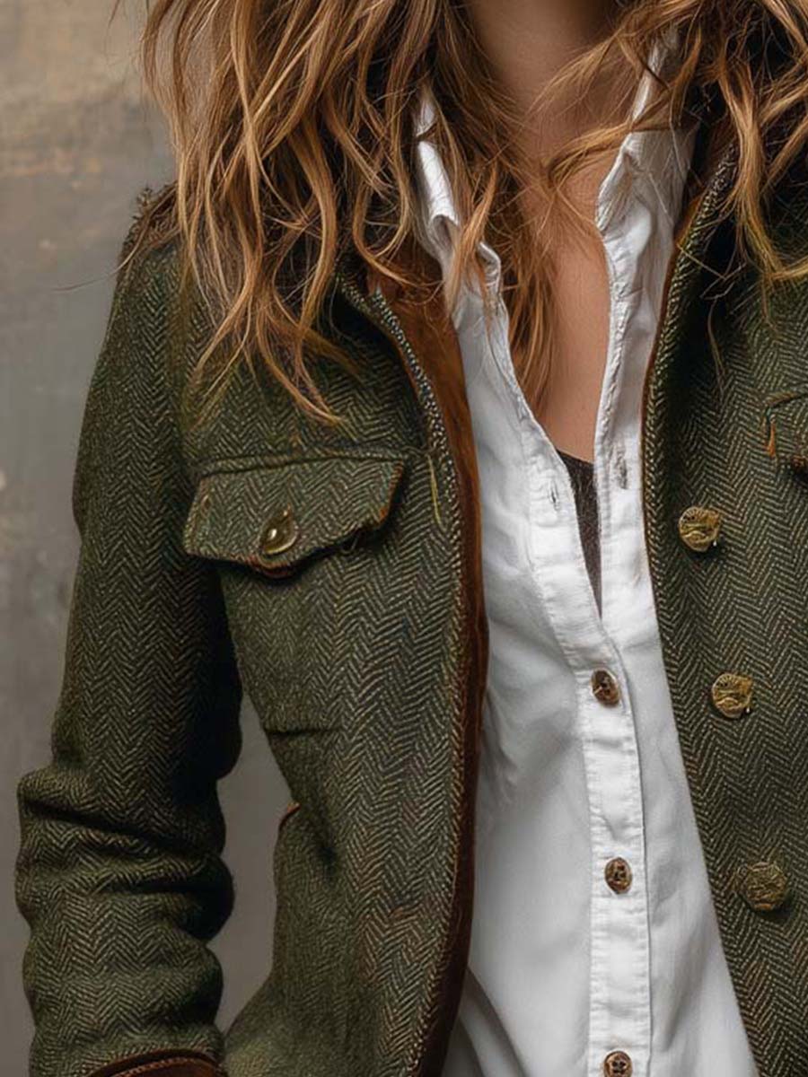 Vintage Herringbone Tweed Blazer With Velvet Trim - Image 4
