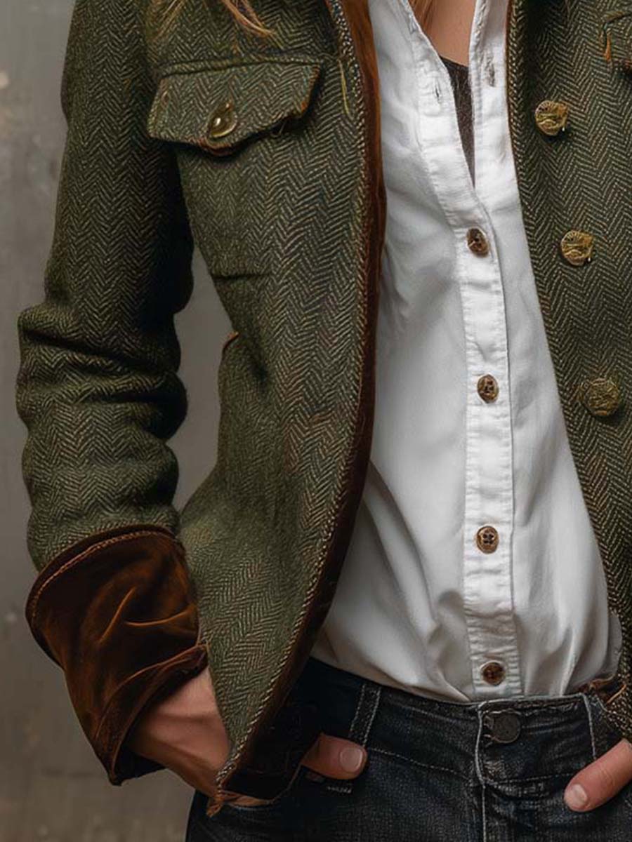 Vintage Herringbone Tweed Blazer With Velvet Trim - Image 5