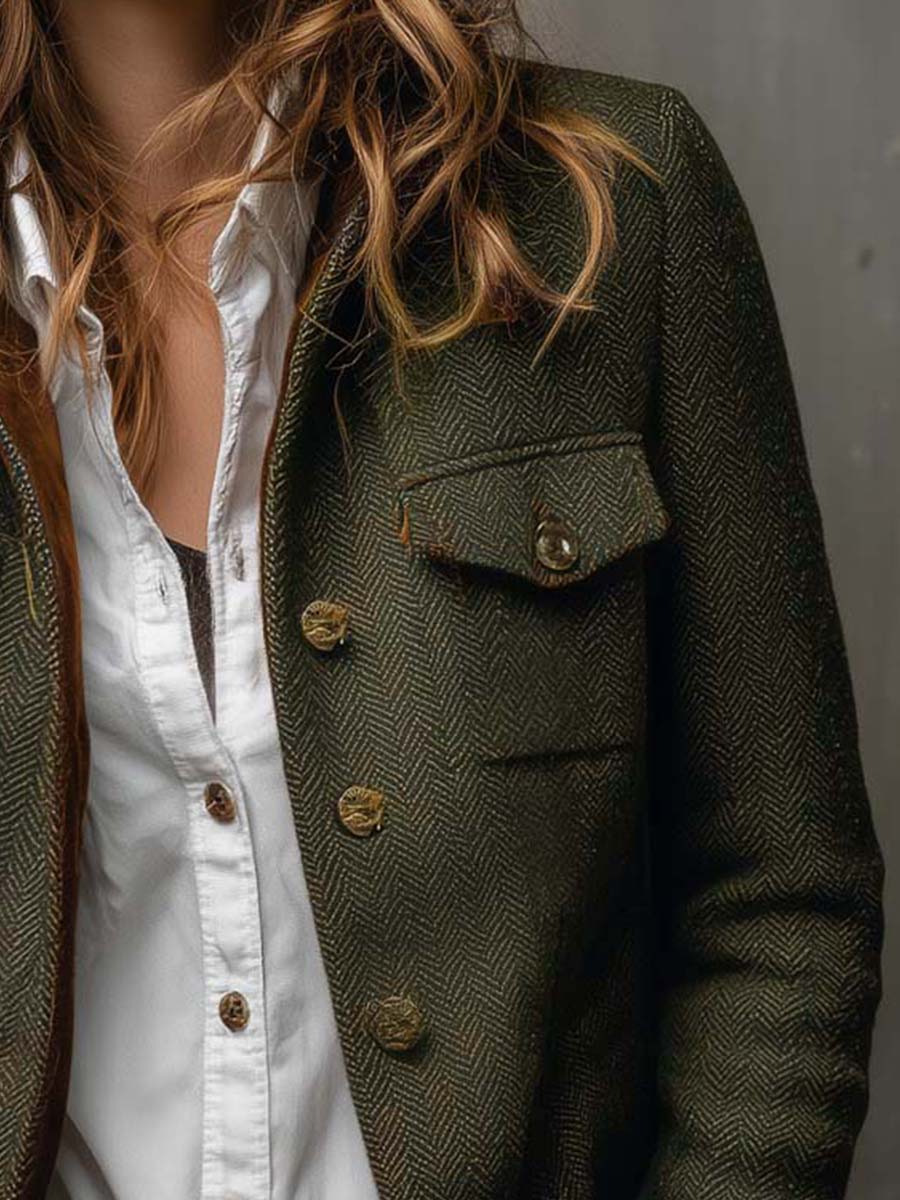 Vintage Herringbone Tweed Blazer With Velvet Trim - Image 6